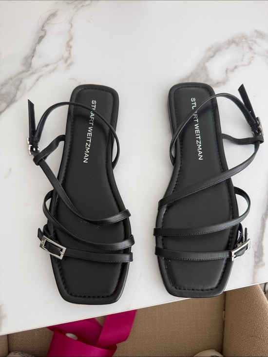 Stuart Weitzman Shoes - Stuart Weitzman Black Strappy Square-Toe Flat Sandals - Georgie sandals - 8.5